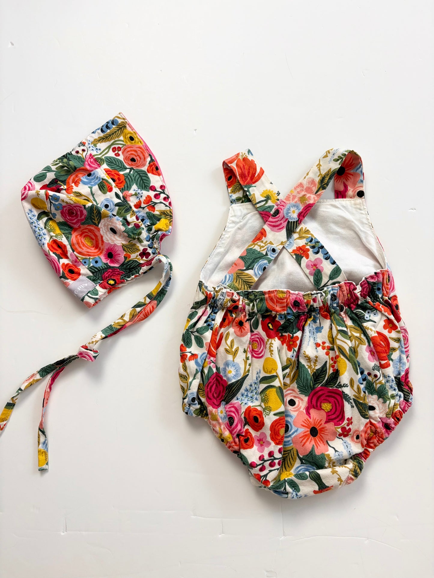 Blossoms floral romper & bonnet 3/6months