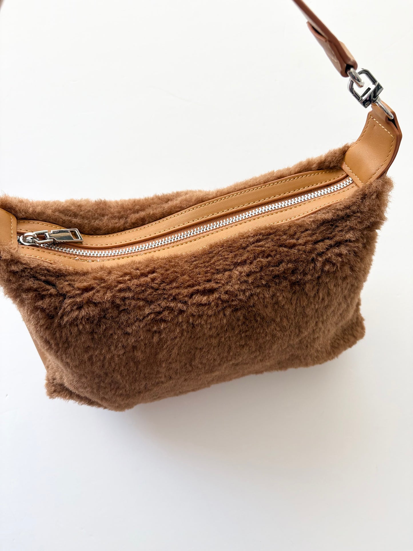 8 other reasons brown faux shearling crescent bag