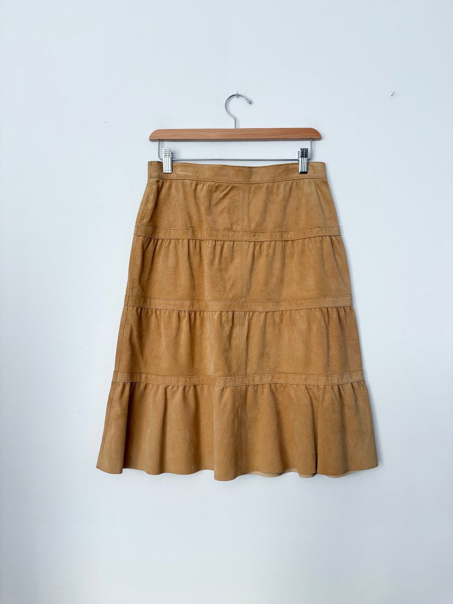 Jupe midi vintage en daim véritable à volants, taille XS/S