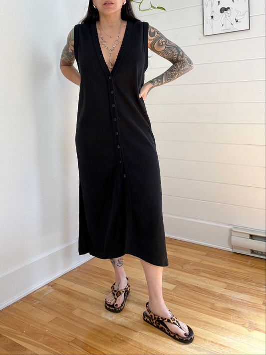 Vintage black button down midi dress S/M