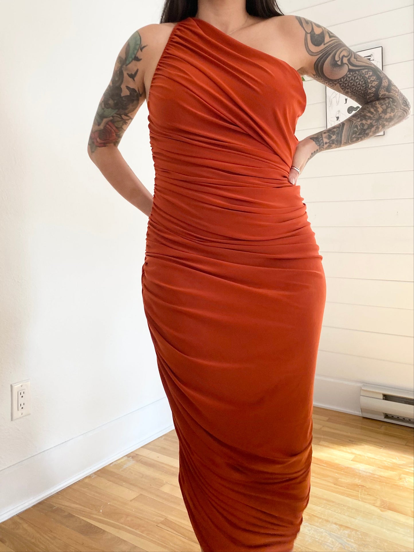 Norma Kamali Diana one shoulder draped dress S/M
