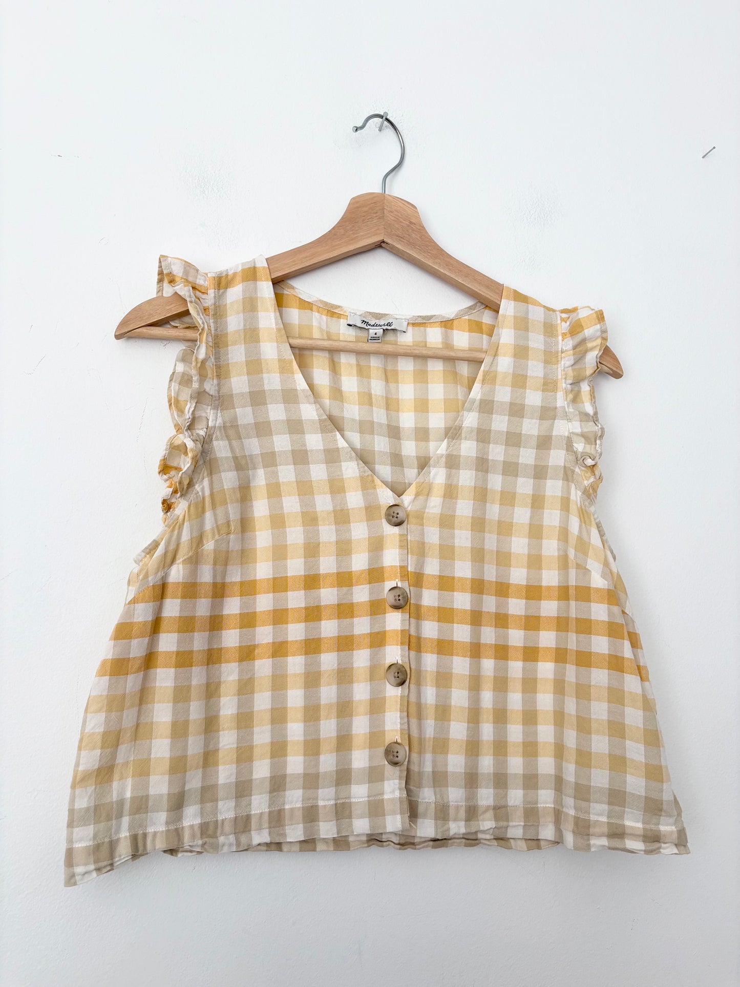 Madewell gingham ruffle sleeveless blouse Small