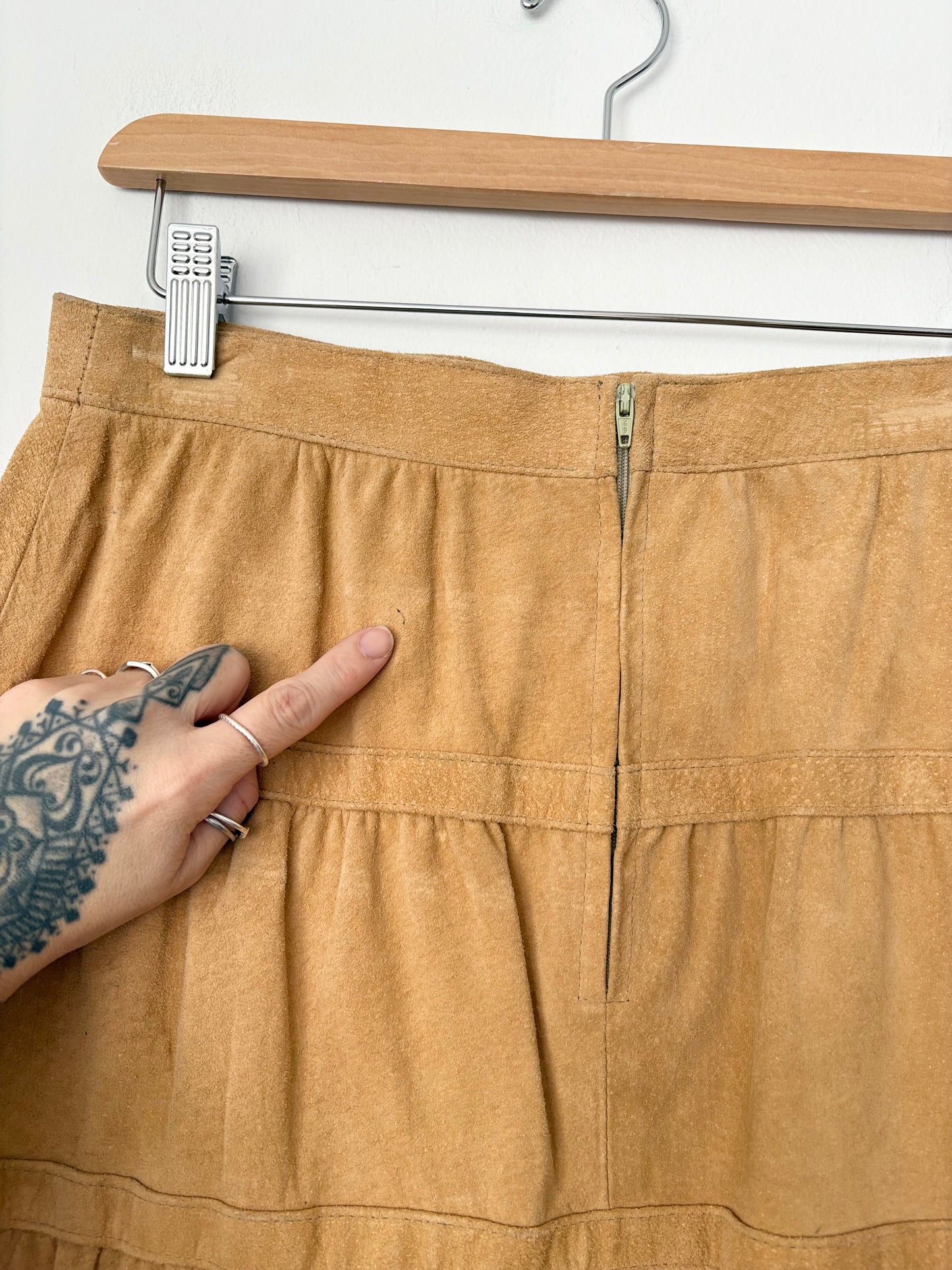 Jupe midi vintage en daim véritable à volants, taille XS/S