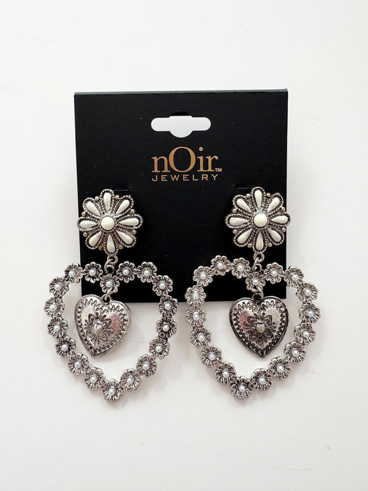 Noir NYC silver flower heart earrings
