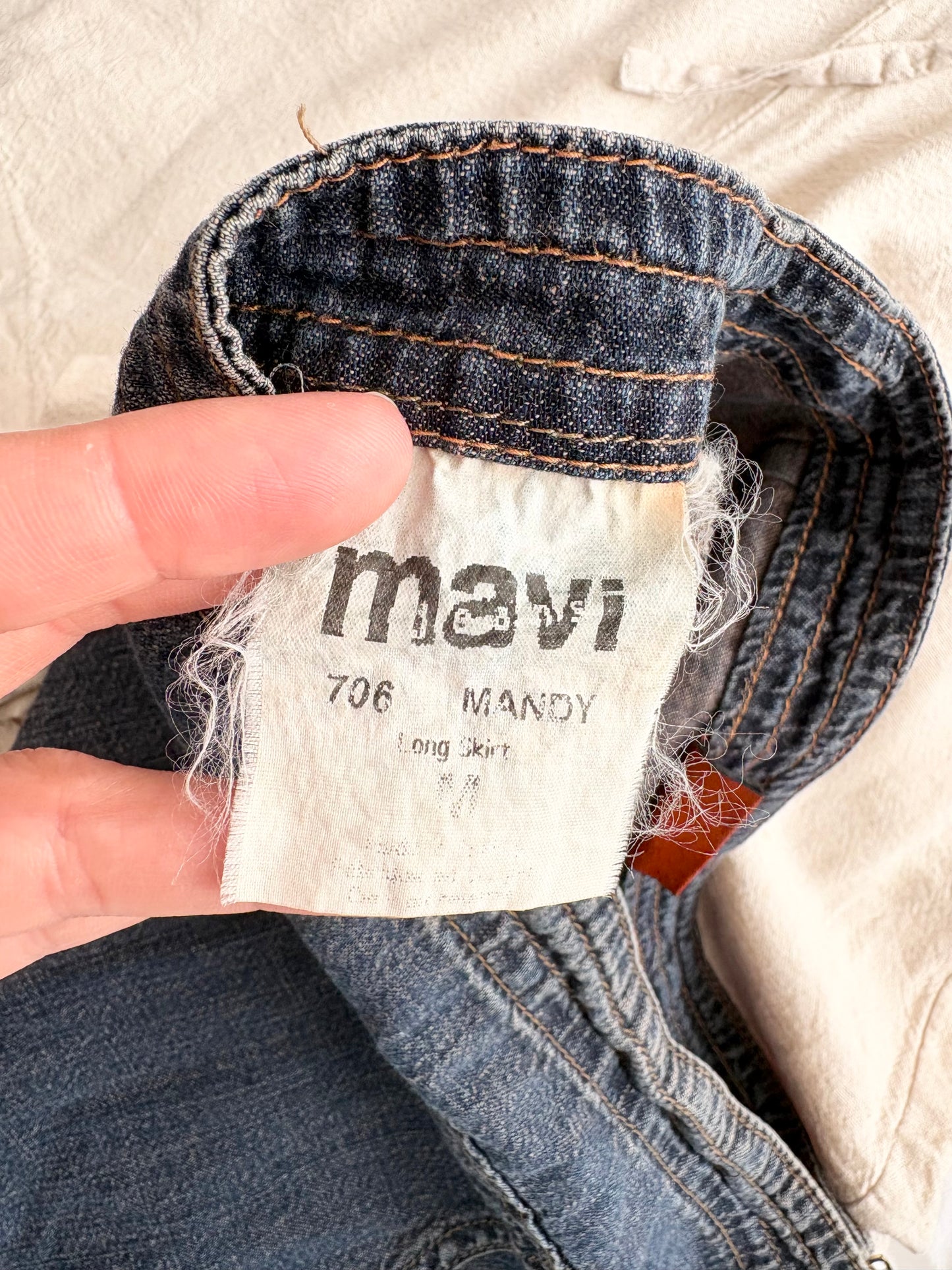 Jupe longue vintage en jean bleu mandy, taille M