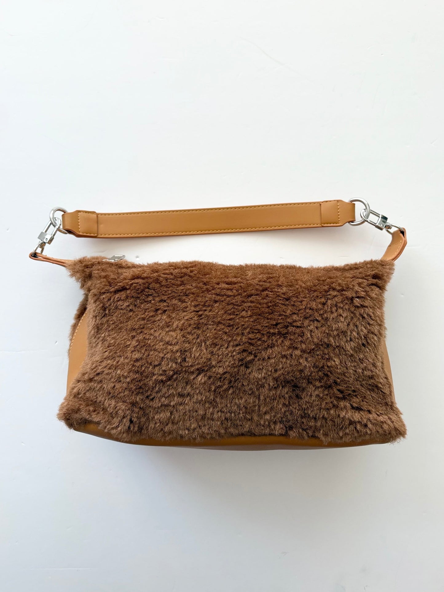8 other reasons brown faux shearling crescent bag