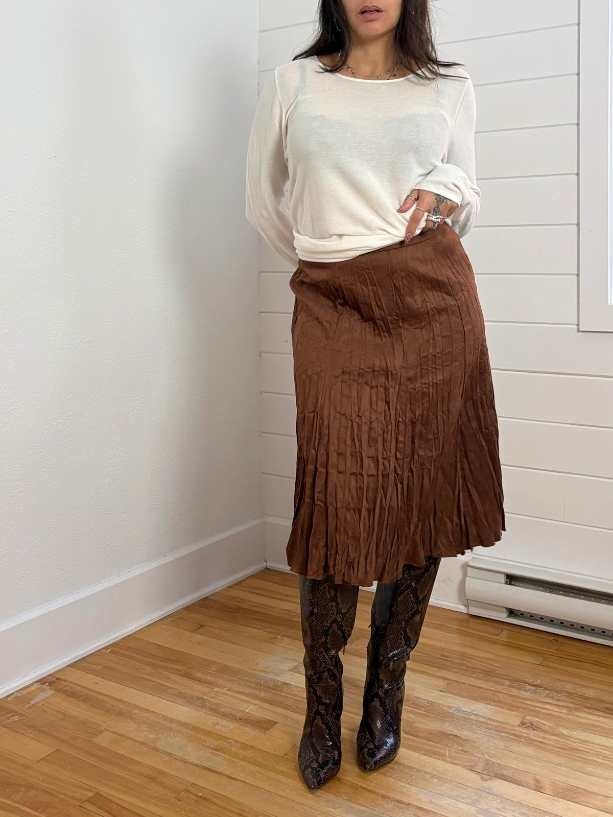 Jupe midi plissée vintage en suédine S/M