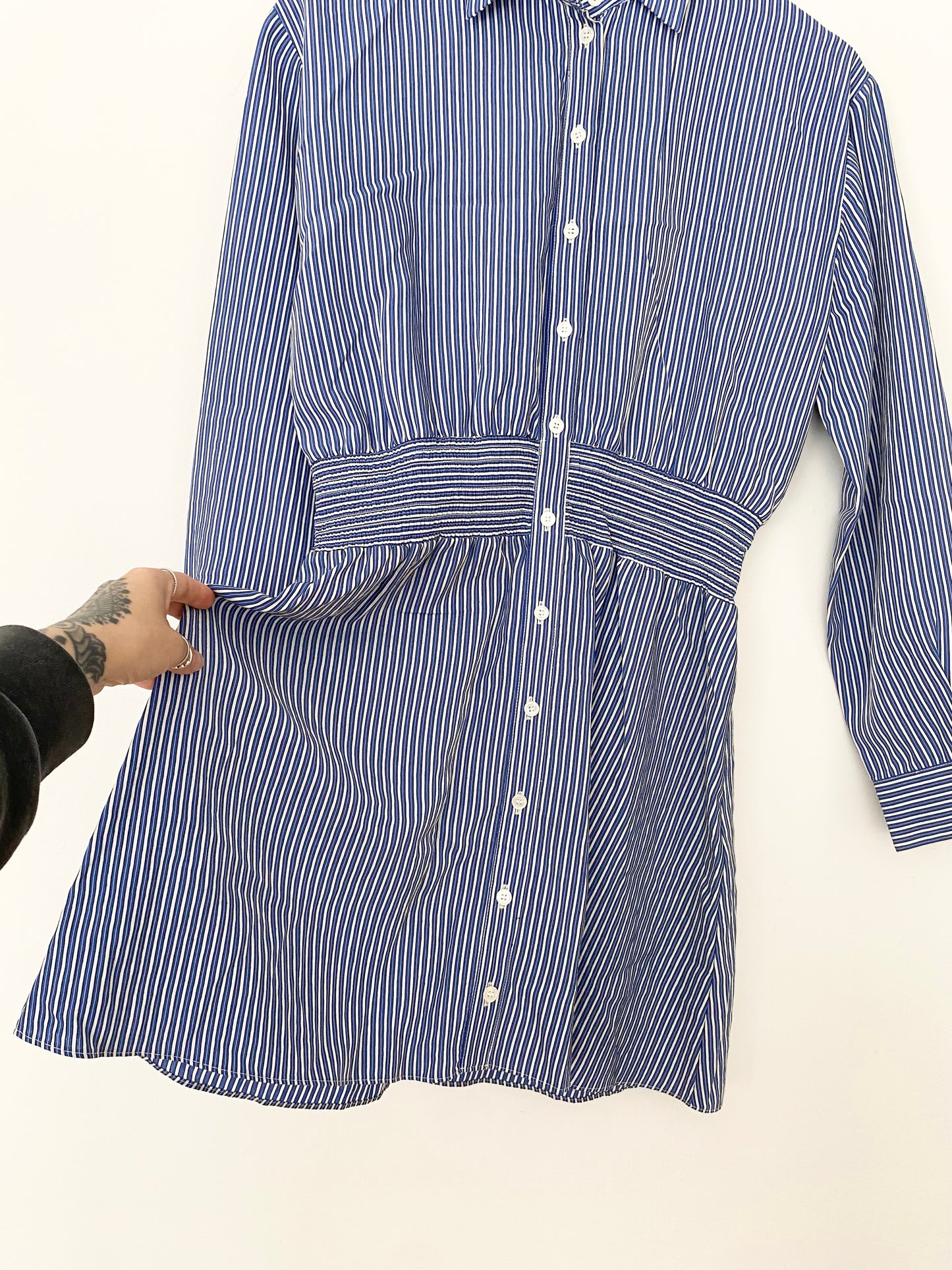 The kooples Amy stripe smocked waist shirt dress Medium