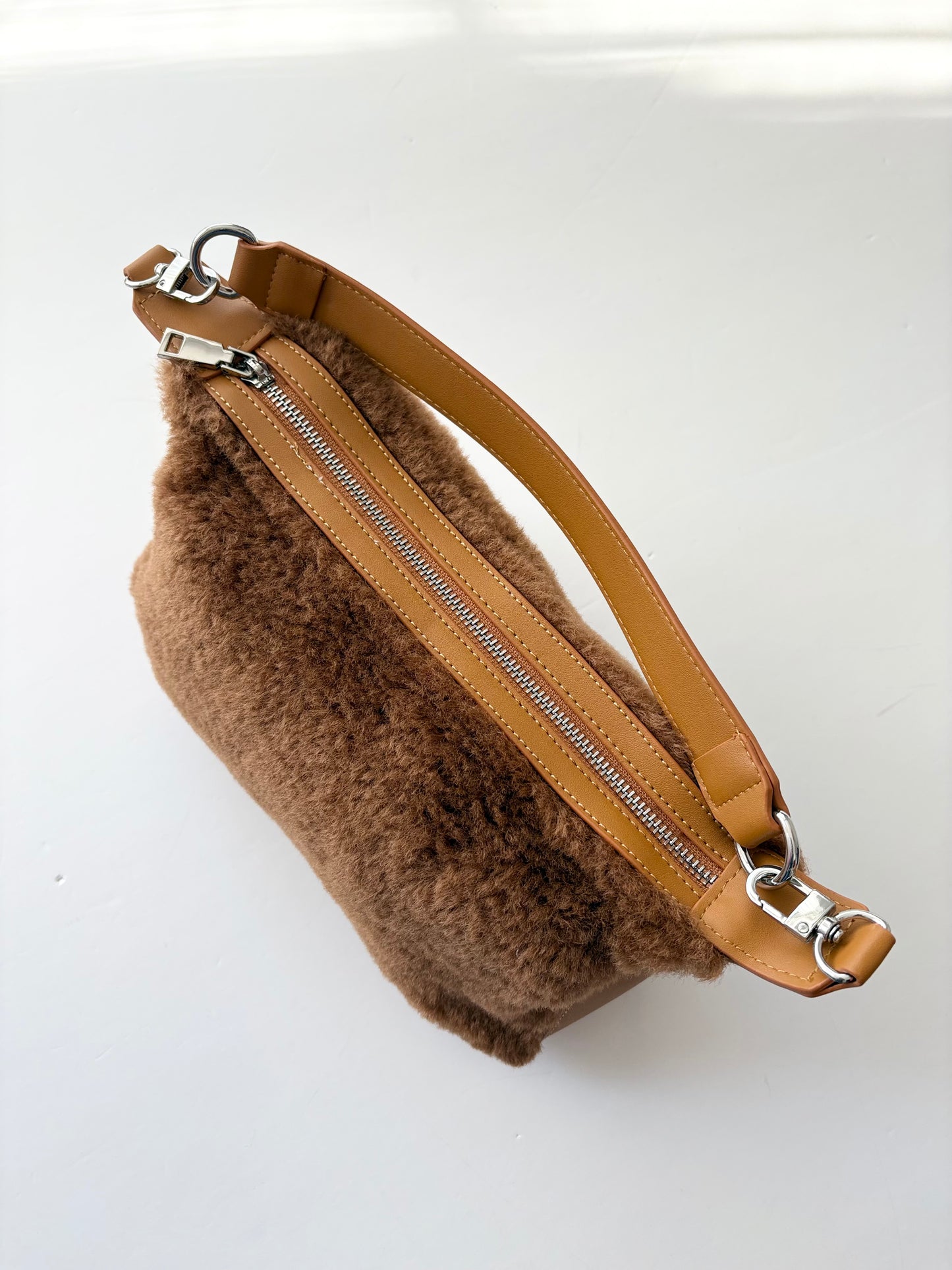8 other reasons brown faux shearling crescent bag