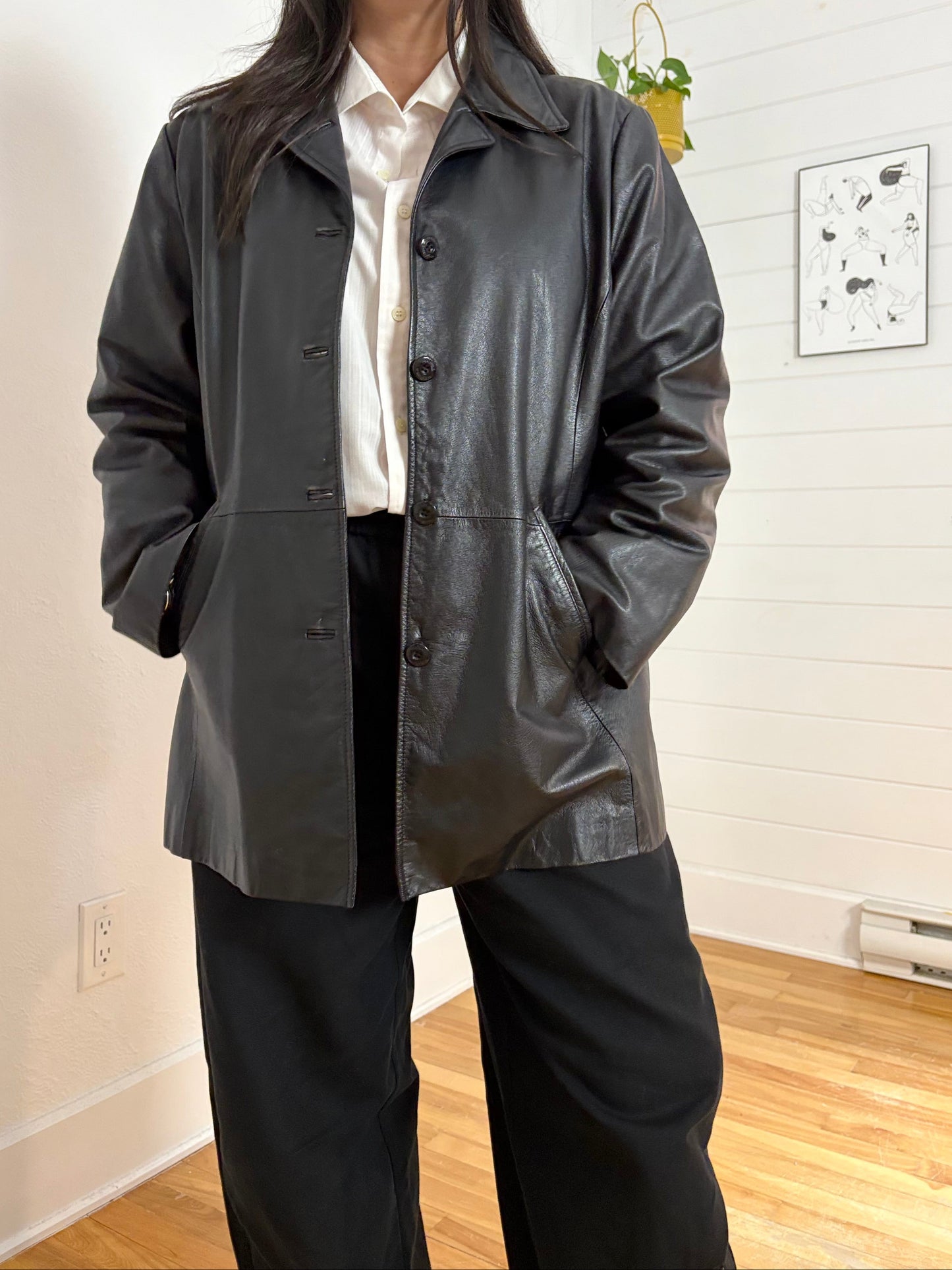 Trench-coat court en cuir vintage, taille