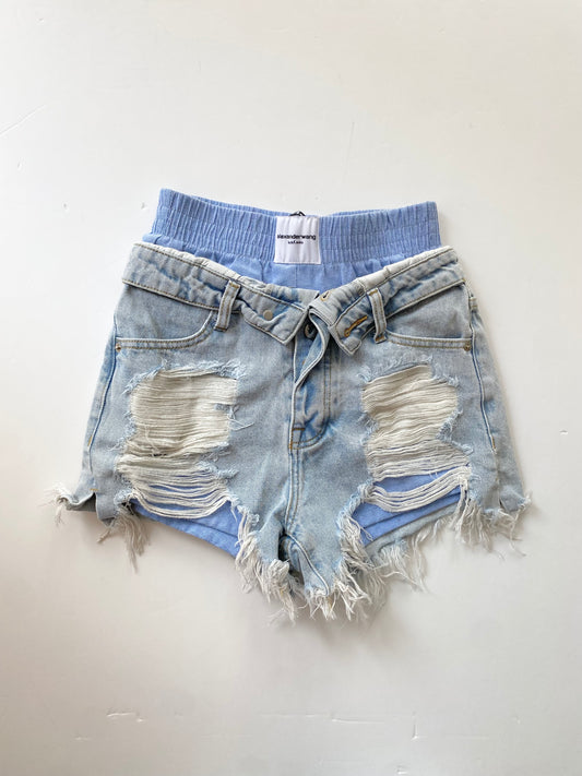 Alexander wang blue boxer layered distressed denim shorts W24