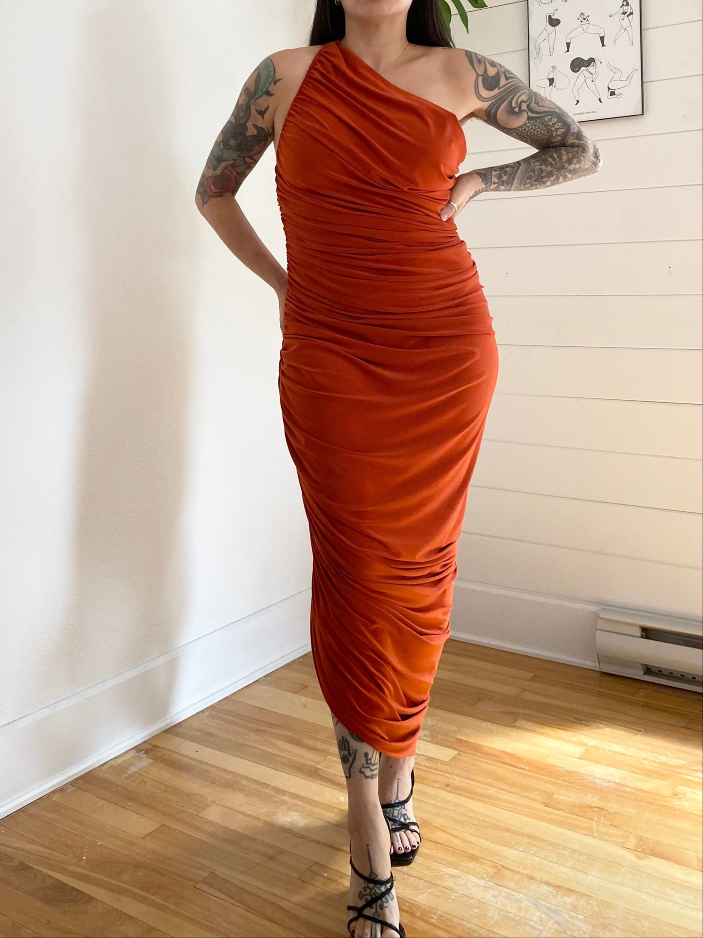Norma Kamali Diana one shoulder draped dress S/M