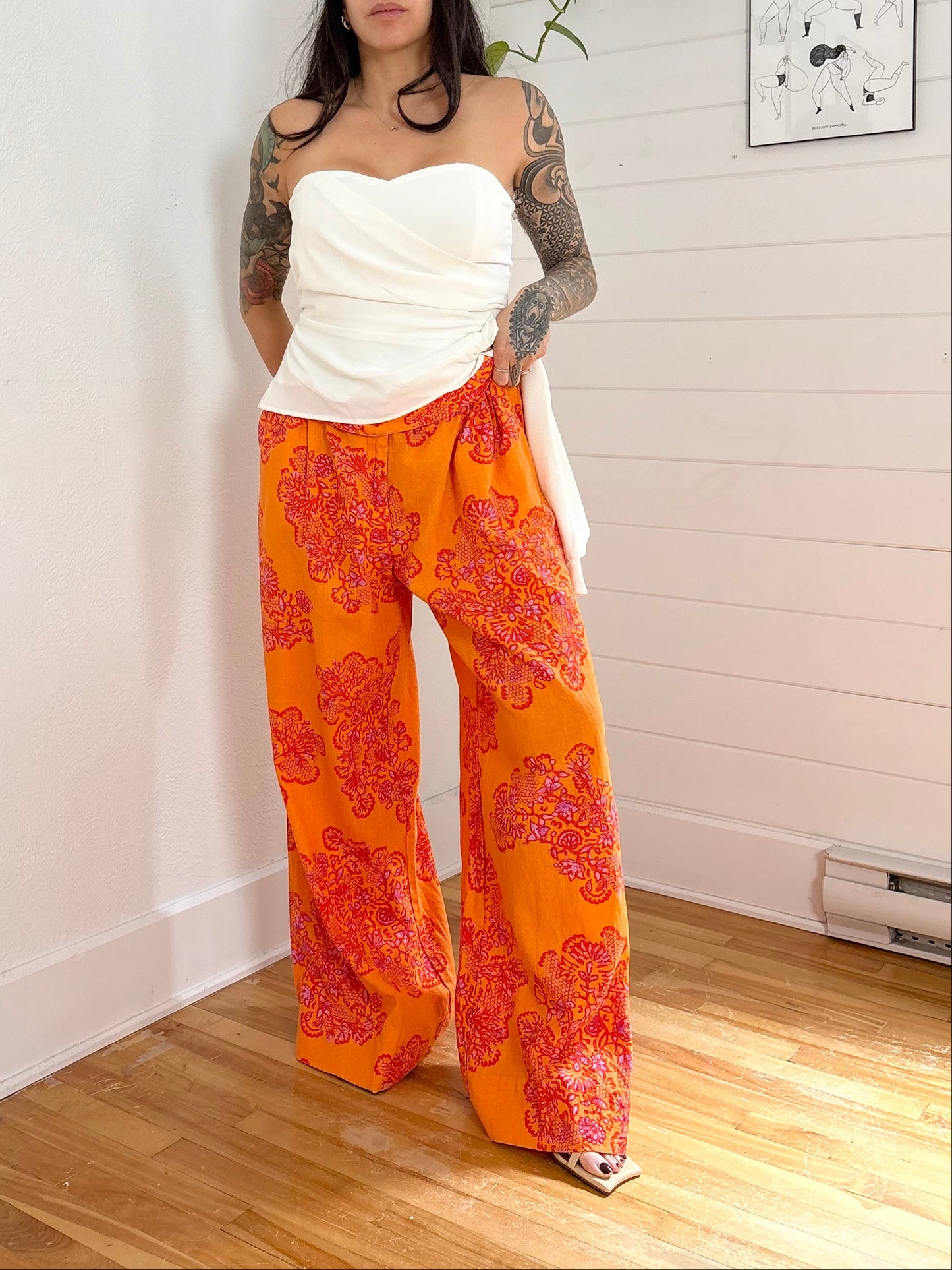 Caroline Constas Linen blend floral pants Large