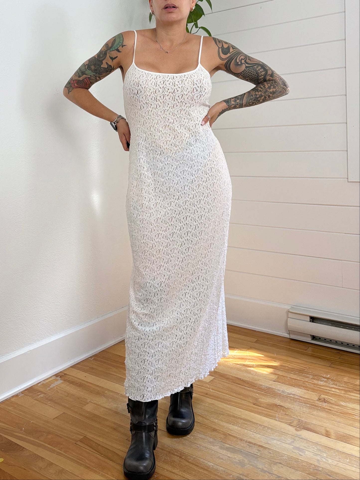 Vintage semi sheer full lace midi dress Large
