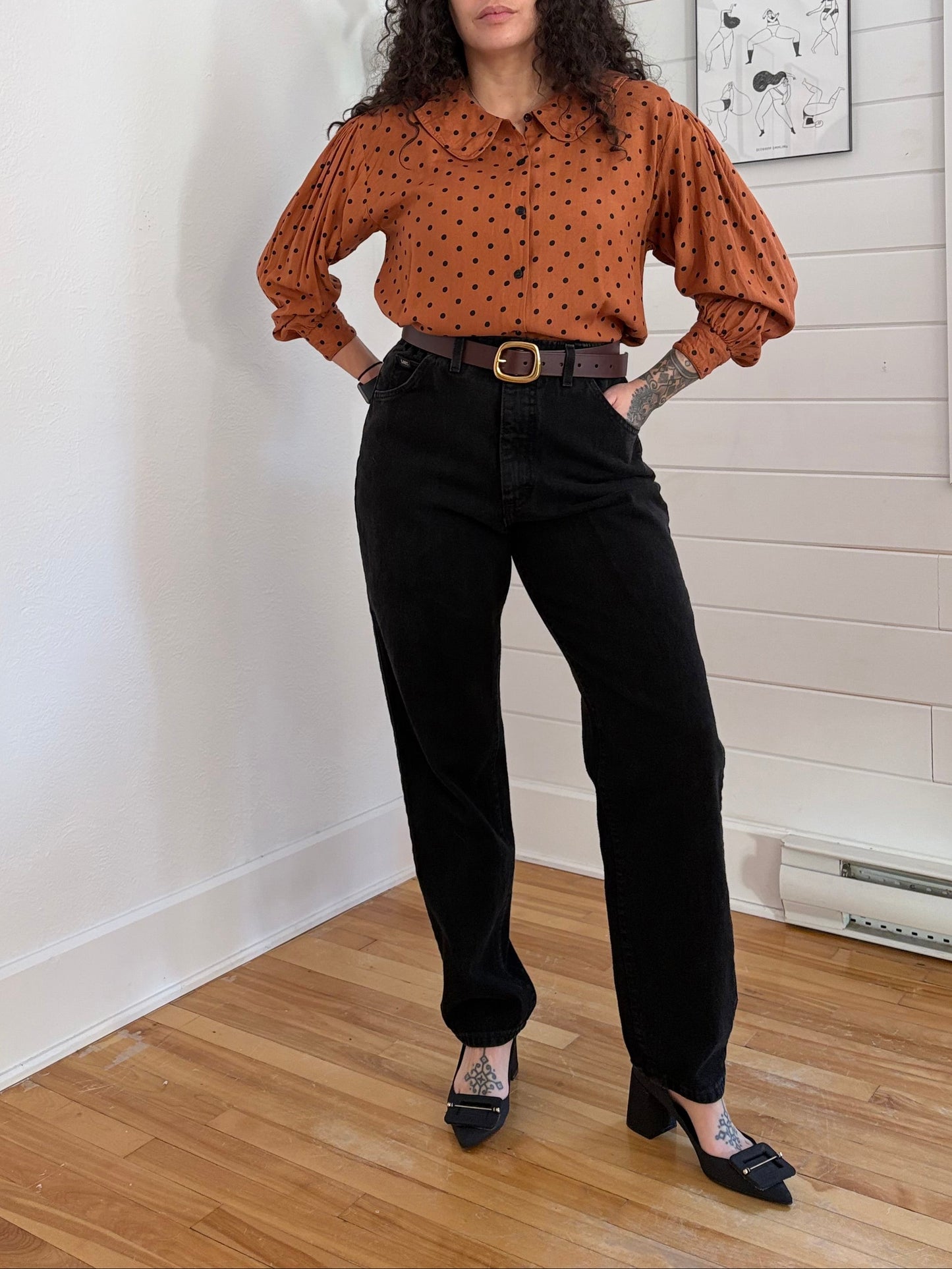 Chemisier vintage à pois, taille moyenne