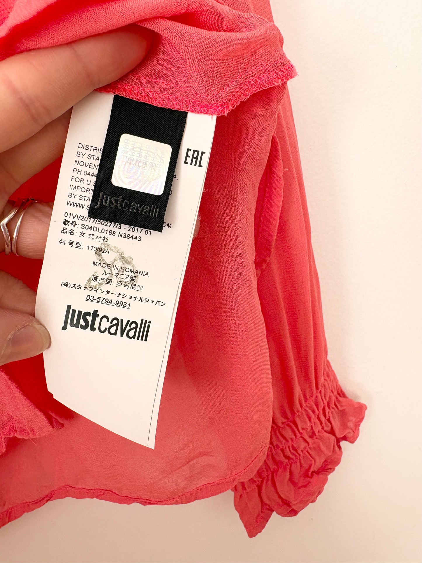 Just Cavalli coral ruffle trim sheer blouse Large