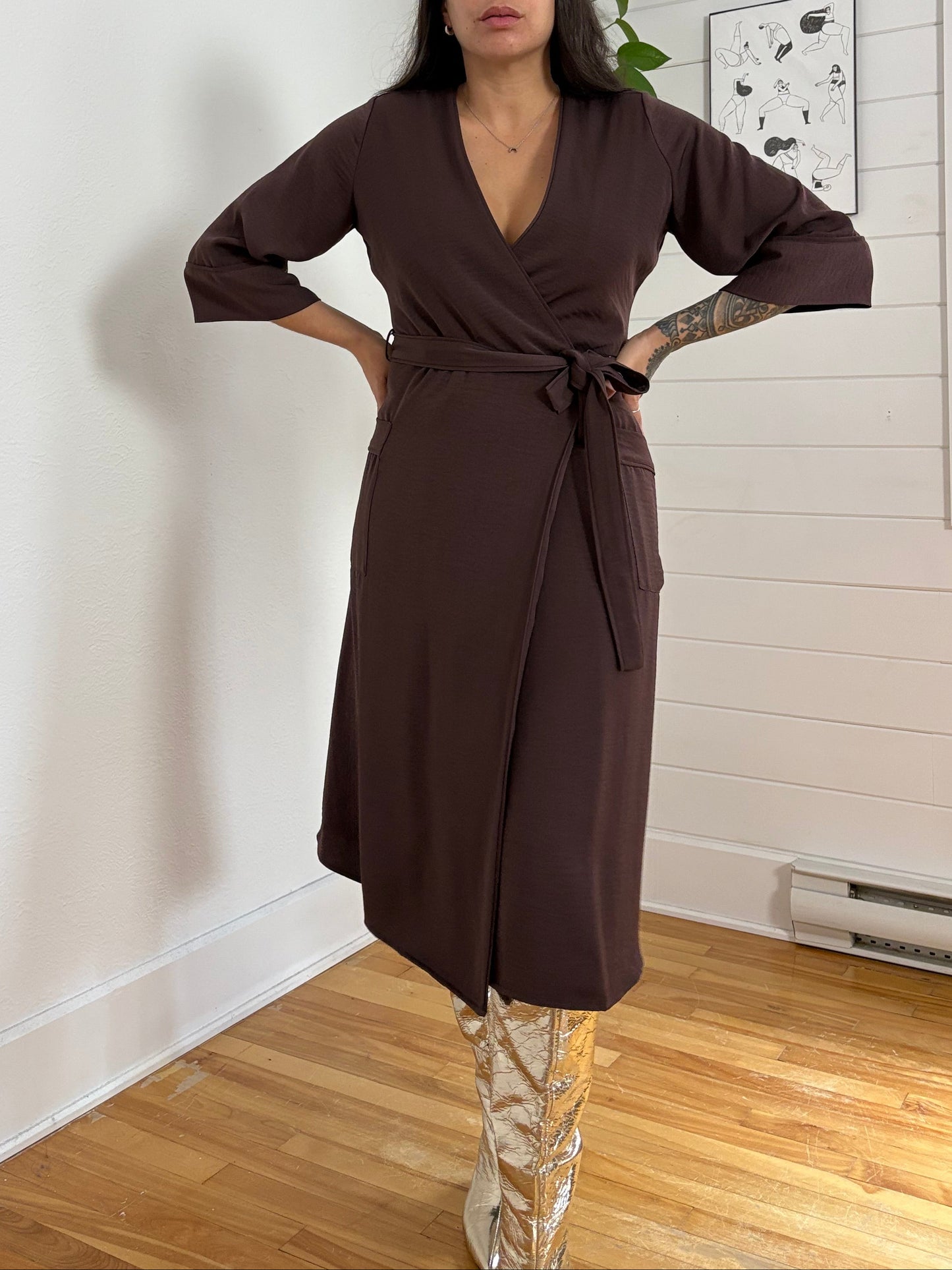 Frank & Oak brown wrap dress Small