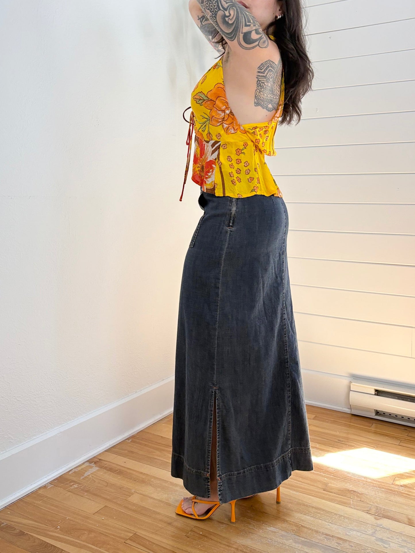 Jupe longue vintage en jean bleu mandy, taille M