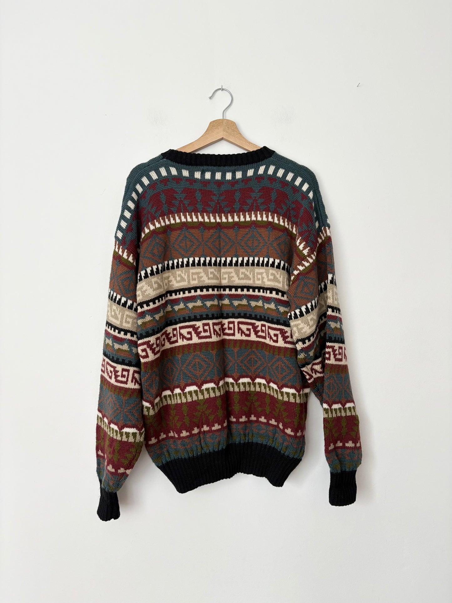 Pull vintage Obermeyer en laine mélangée à imprimé géométrique, taille L/XL