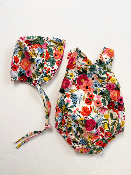 Blossoms floral romper & bonnet 3/6months