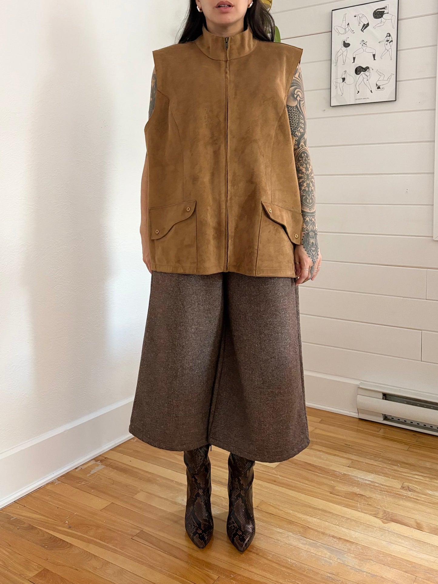 Culotte courte à jambes larges en tweed vintage, taille moyenne