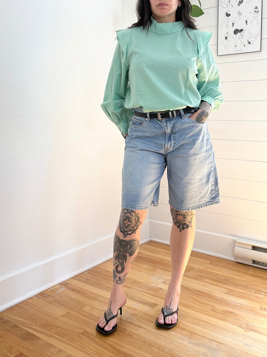 Everlane wing shoulder mockneck green blouse Medium