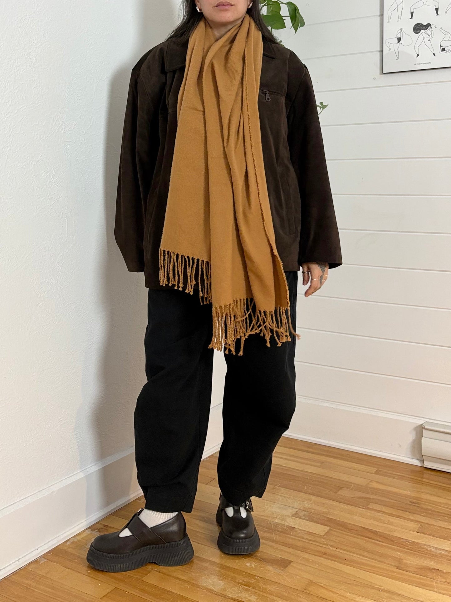 Reclaimed vintage tan knit fringe scarf