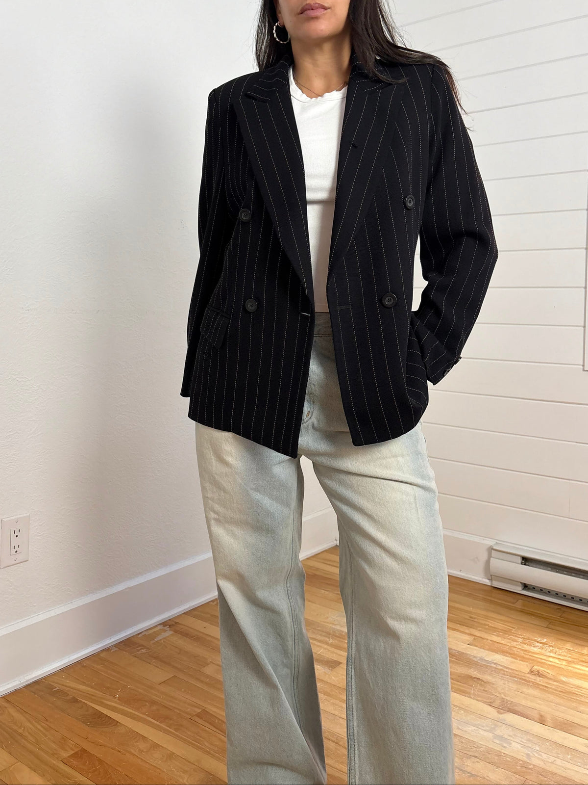 Blazer vintage Laurel en laine à fines rayures Taille M