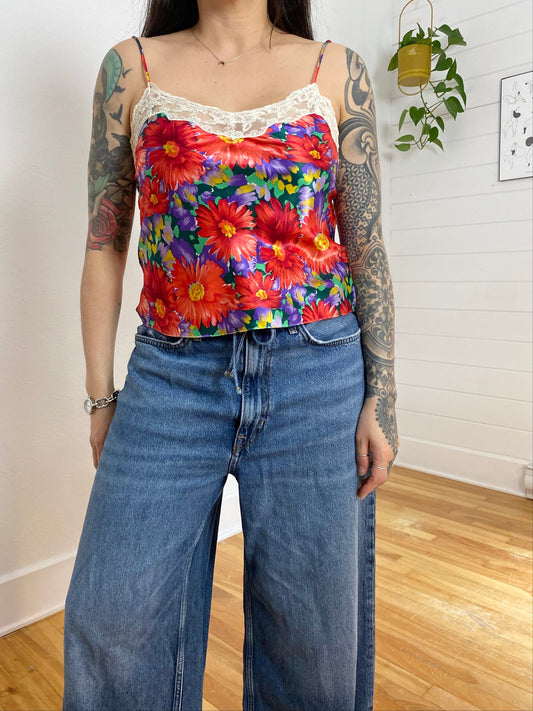 Vintage satin floral tank top S/M