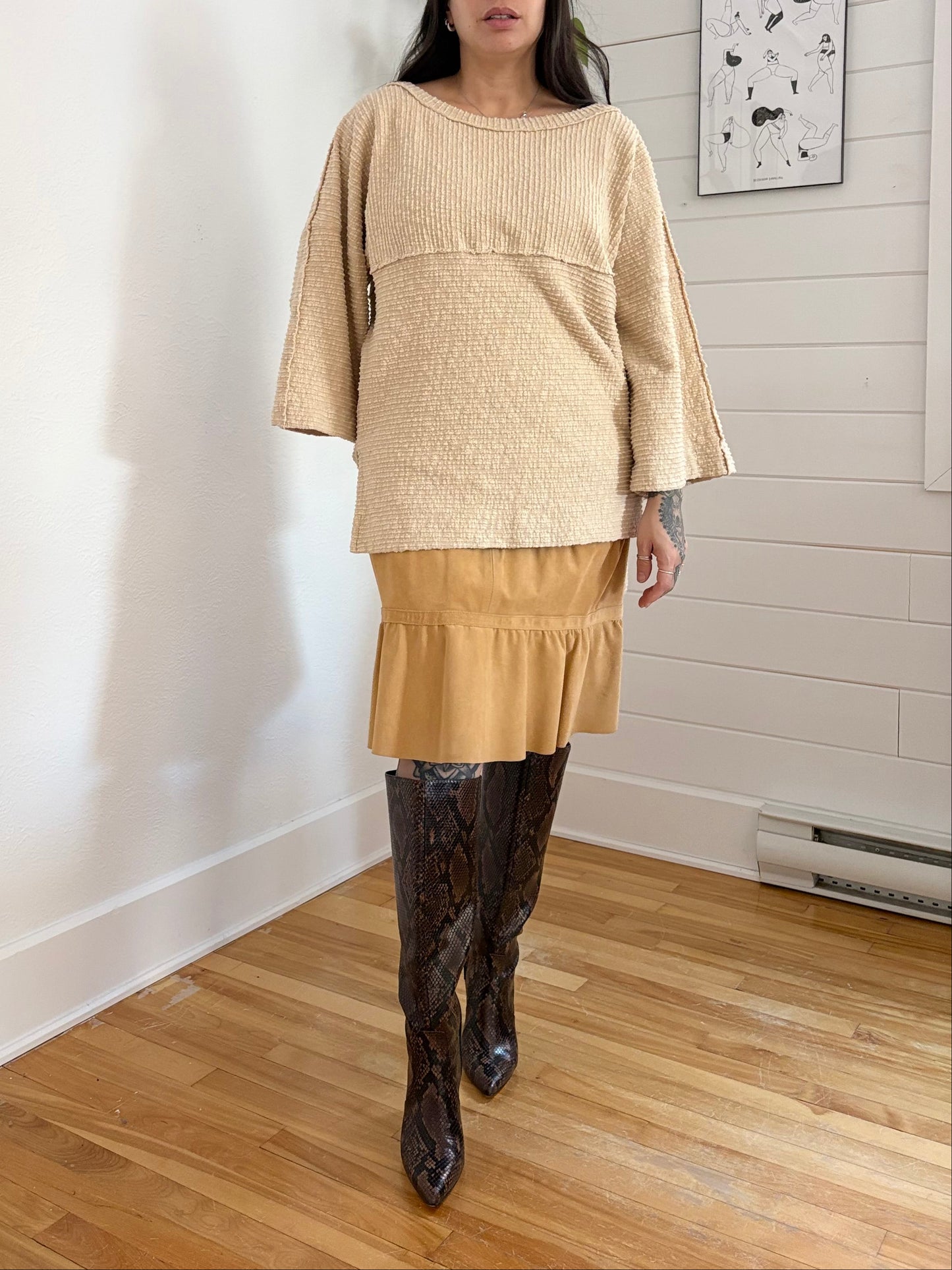 Jupe midi vintage en daim véritable à volants, taille XS/S