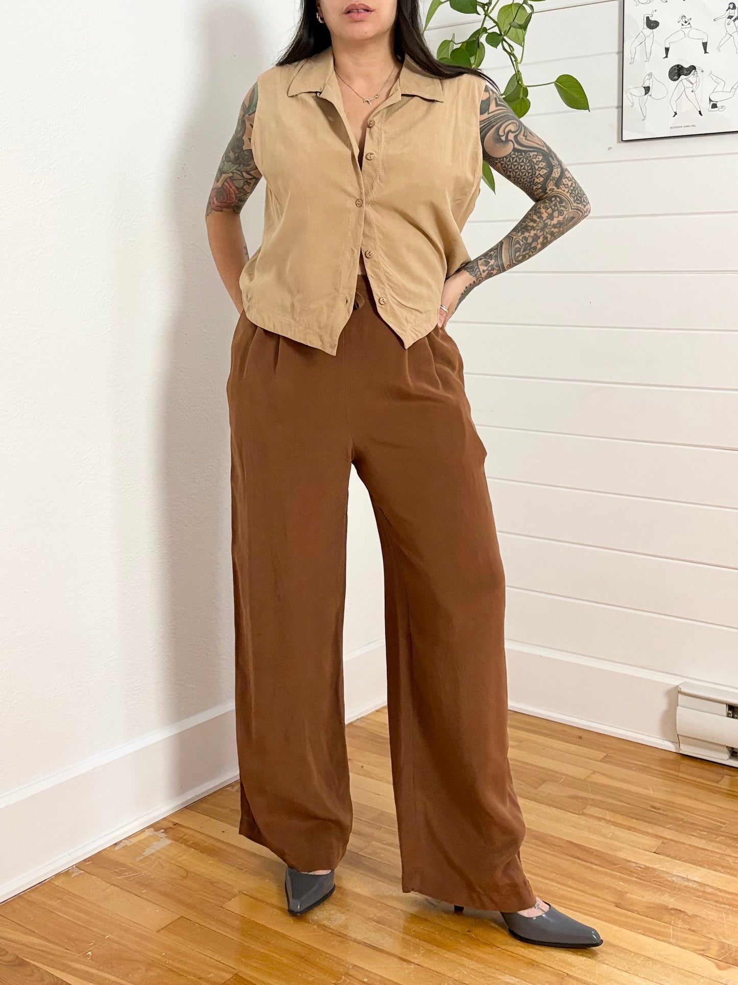 Pantalon large en soie marron St John, taille M/L