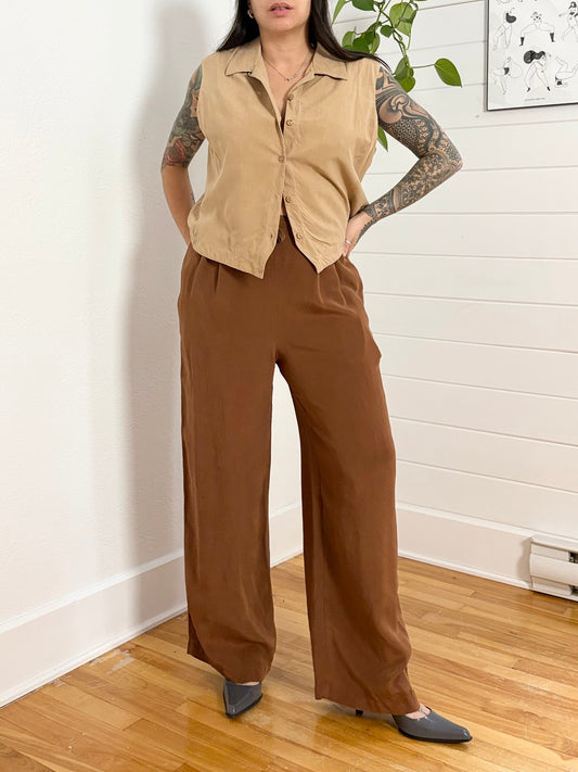Pantalon large en soie marron St John, taille M/L