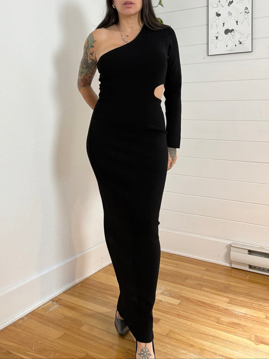 DISSH one shoulder cut out black ribbed maxi dress M/L
