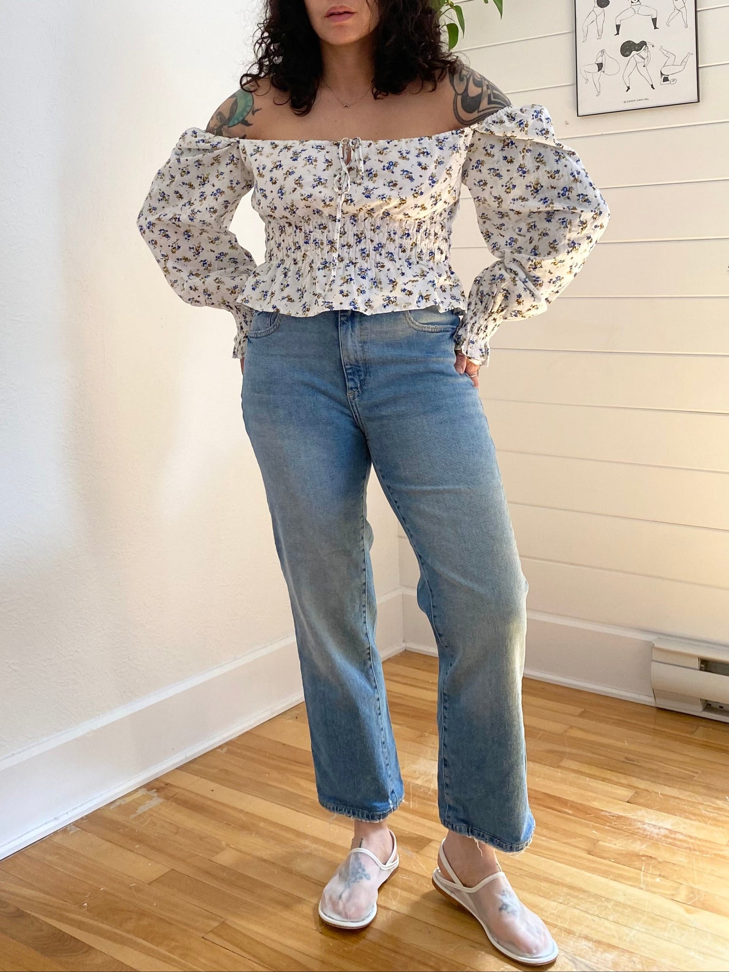 O.P.T smocked floral blouse Large