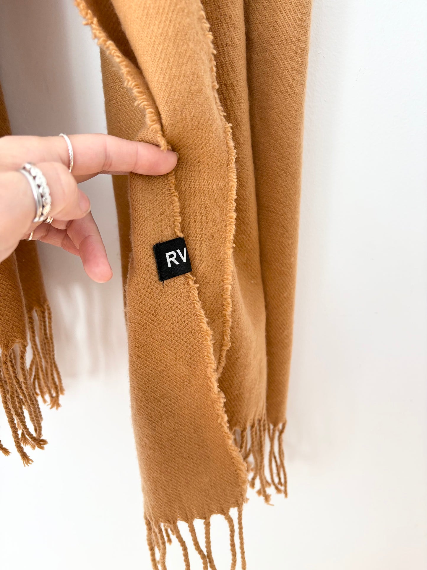 Reclaimed vintage tan knit fringe scarf