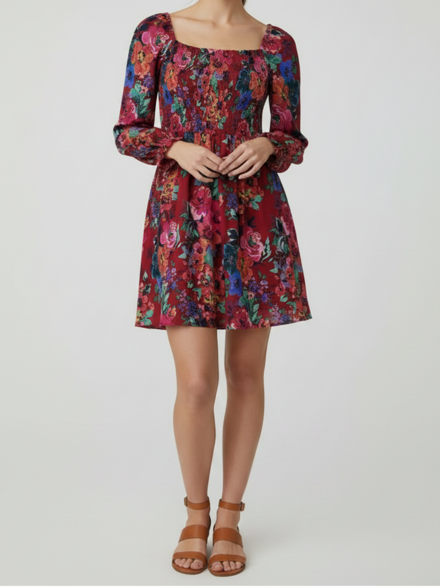 Robe longue à fleurs smockée Charles Henry à manches longues XL