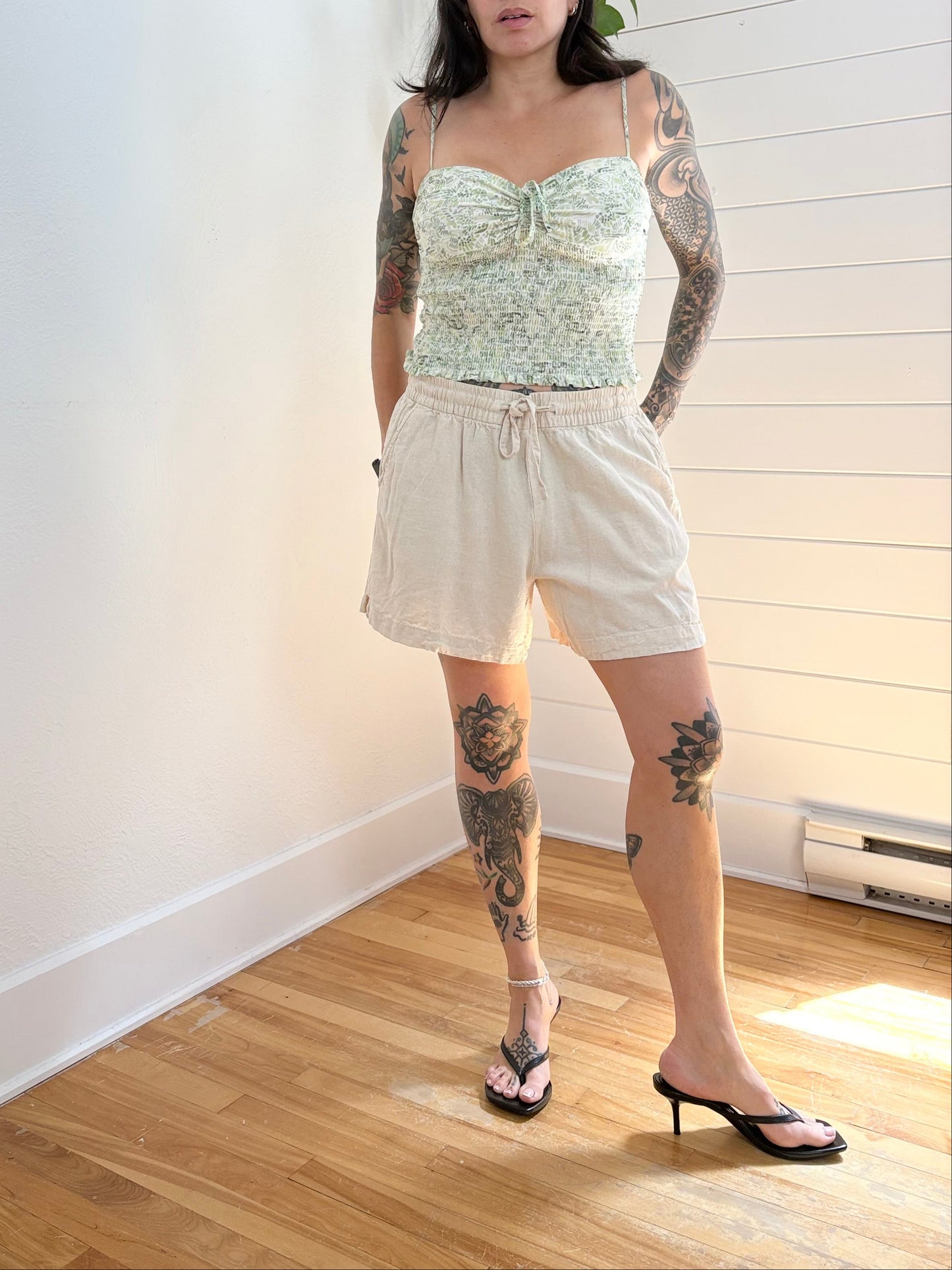 ICHI linen loose fit shorts Large